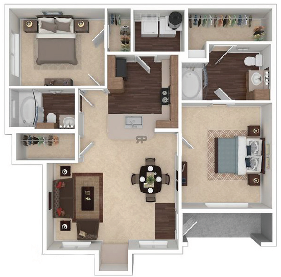 Floor plan for 2 beds, 2 baths, 1037 sqft